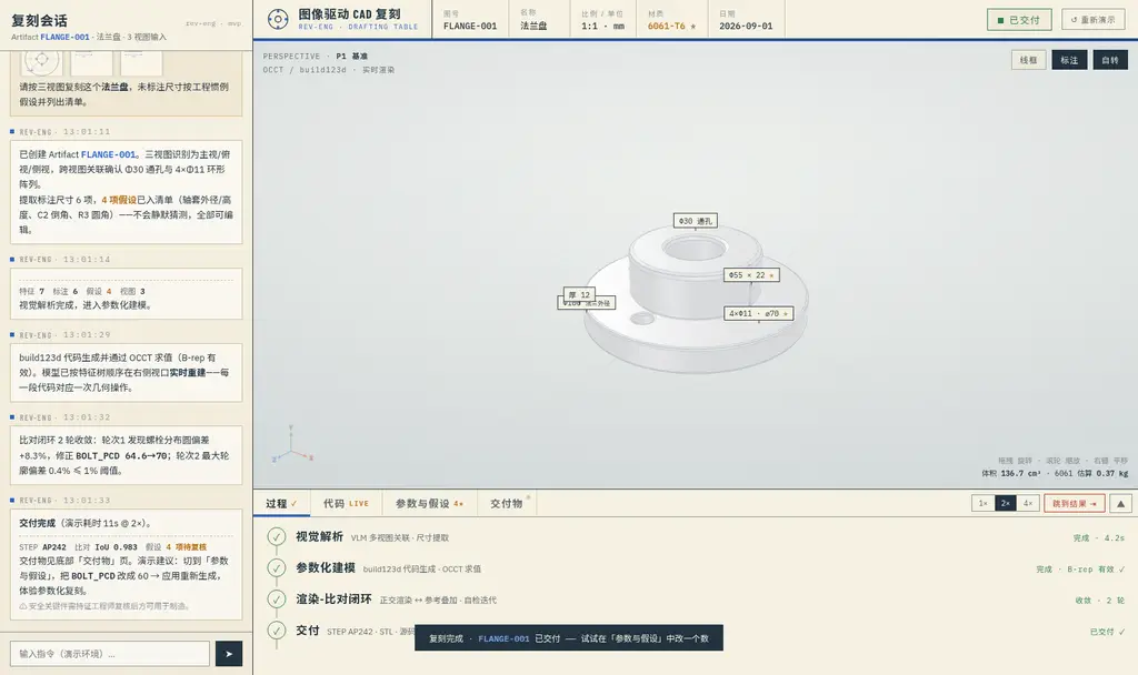 交付完成态:三维模型、过程时间线与交付物页签